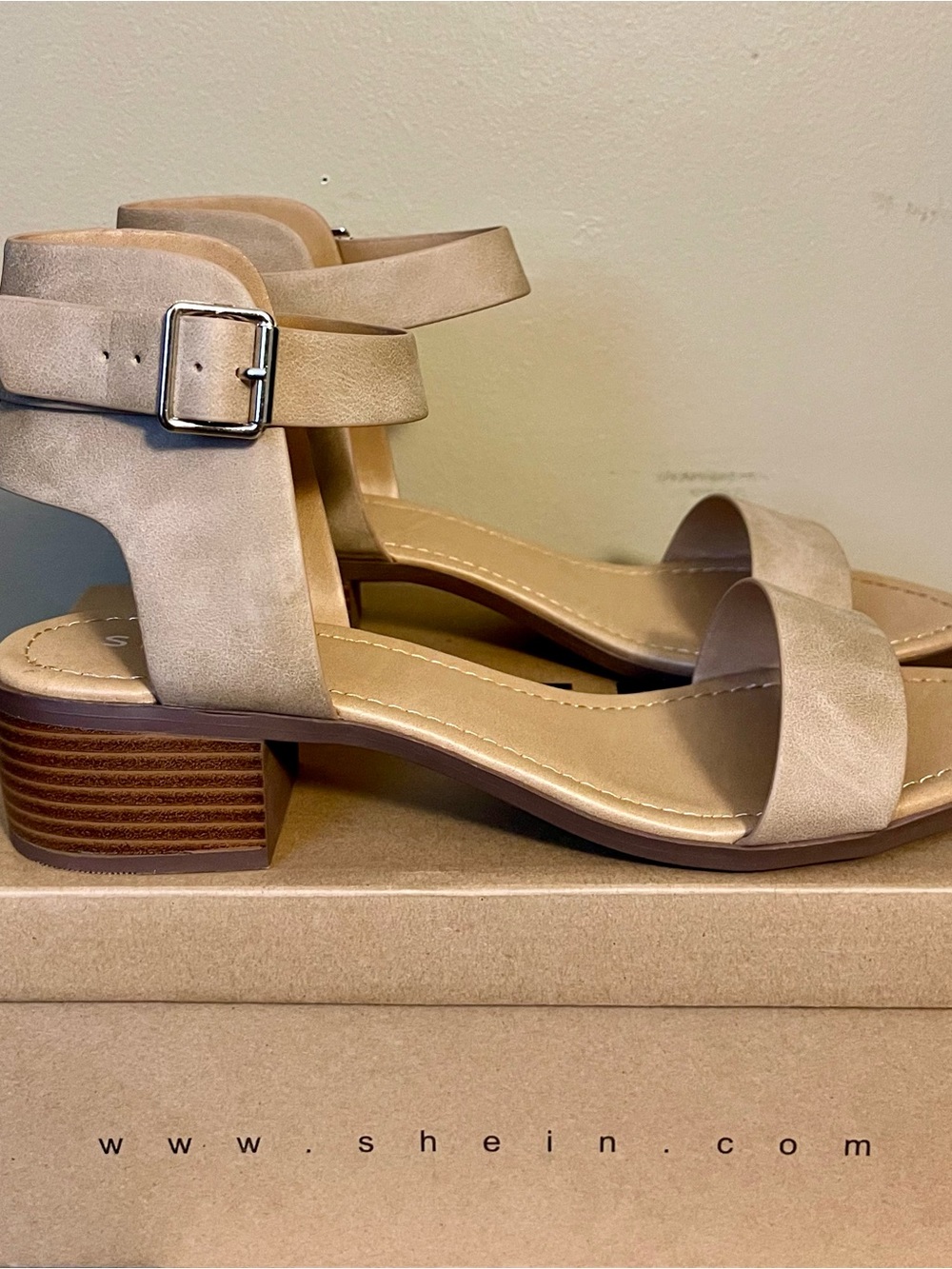 SHEIN Taupe faux Suede Block Heel Sandals with Ankle Strap